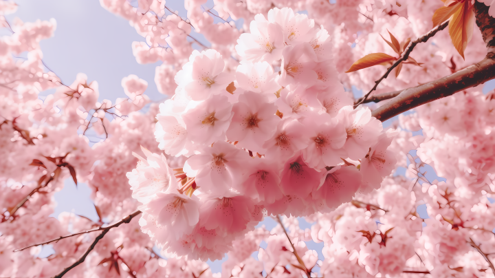 夏日樱花树盛开的粉色花海摄影图版权图片下载
