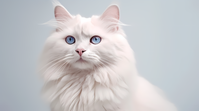 白色背景中蓝眼毛茸白猫摄影图