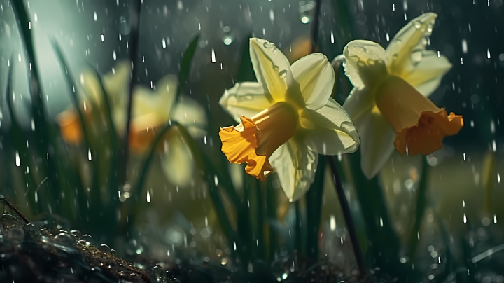 自然雨中黄色水仙摄影图版权图片下载