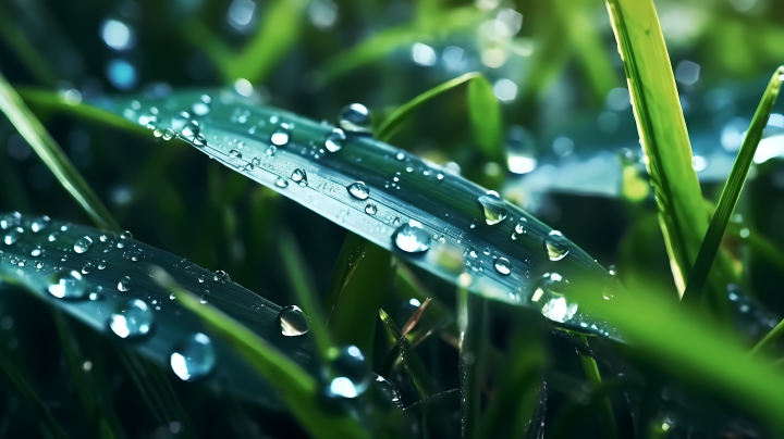 雨后绿草上的虹彩珠落摄影图版权图片下载