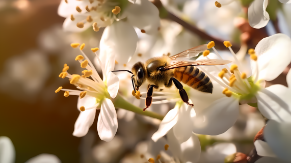 春日白花 繁忙蜜蜂采蜜 摄影图片
