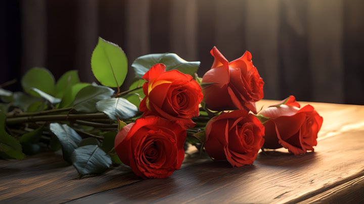 红玫瑰花木桌摄影图版权图片下载
