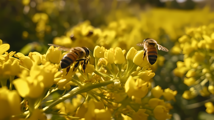 芥菜花田里的蜜蜂摄影图版权图片下载