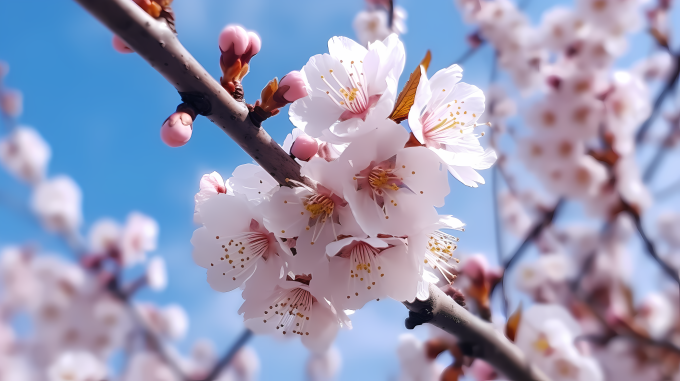白雪纷飞中的樱花绽放摄影图