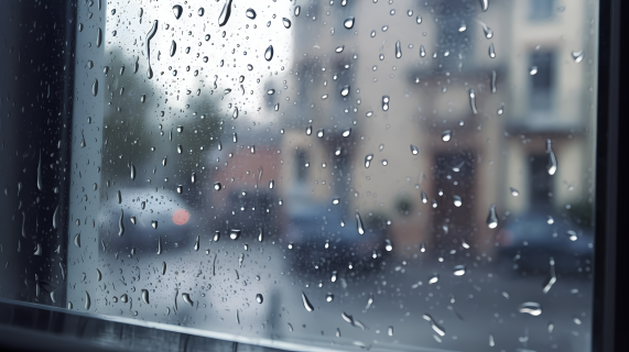 下雨天雨滴打在窗户上摄影图