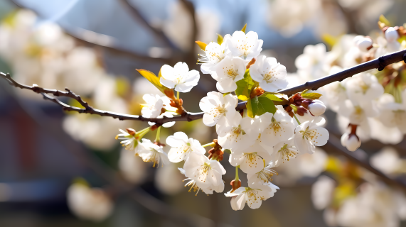 刚刚盛开的春日白樱花摄影图