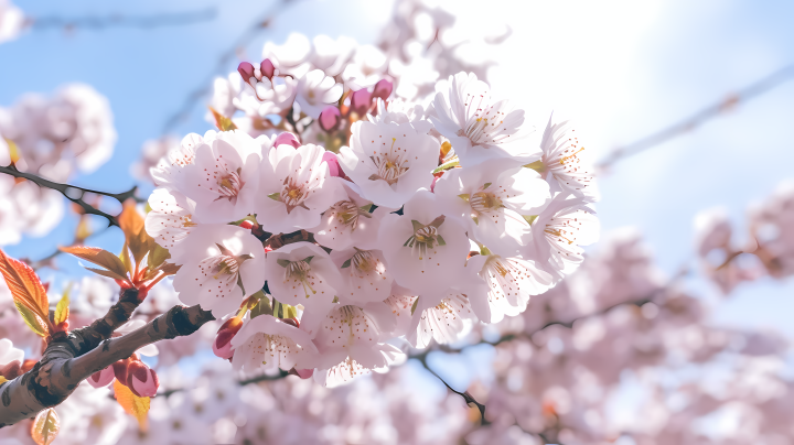 樱花盛放于雪天之中摄影图版权图片下载