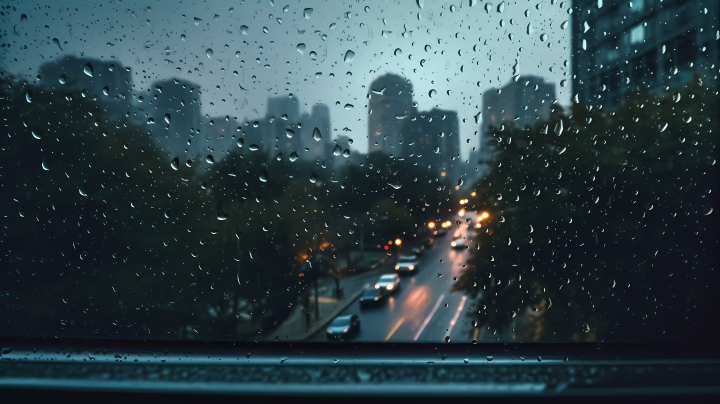 高楼城市雨夜玻璃上的滴落摄影图版权图片下载