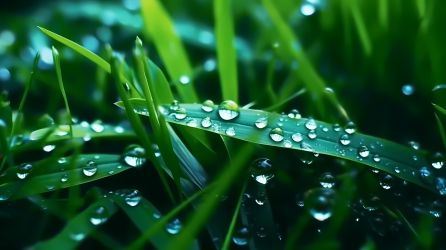 碧绿草地上的虹彩雨滴摄影图