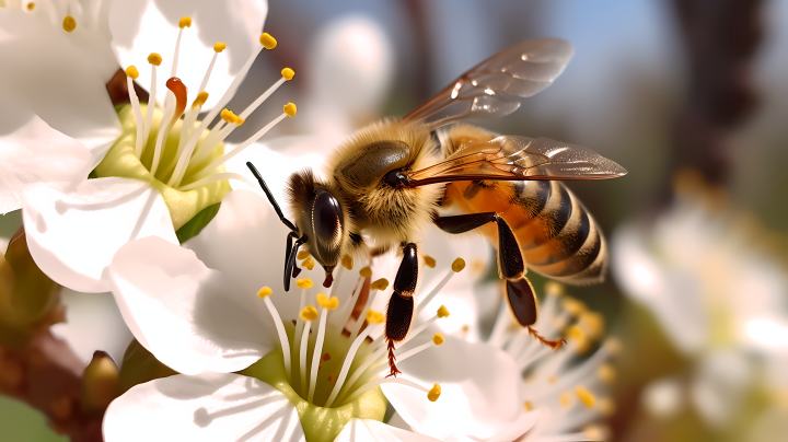 春日白花中的正在采蜜蜜蜂摄影图版权图片下载