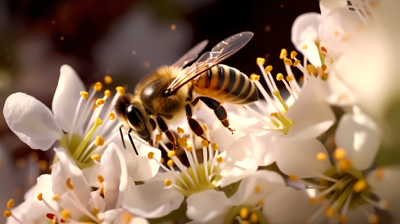 春日飞舞白花丛蜜蜂觅踪摄影图
