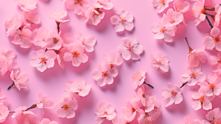 粉色背景上洒满了粉色花瓣的摄影版权图片下载