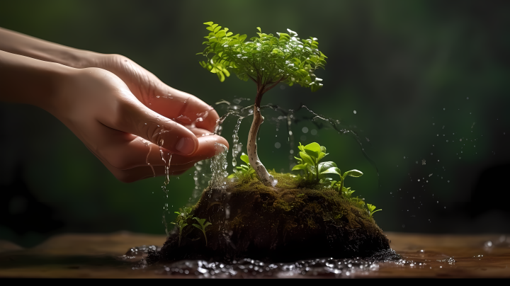 静谧园林手持花盆小植物摄影图版权图片下载