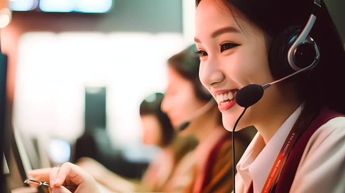 客服戴耳机电脑工作摄影图