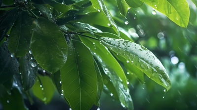 绿叶下的雨滴摄影图
