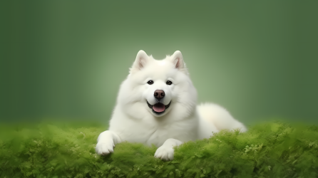 白色萨摩耶犬趴在绿草地上摄影图