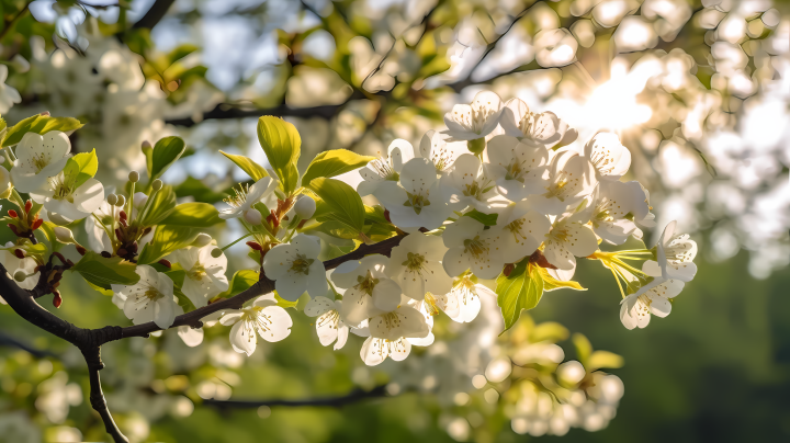 绿叶枝头春天里的白色樱花摄影图版权图片下载