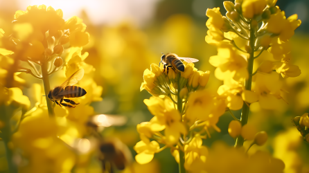 油菜花田间的蜜蜂摄影图