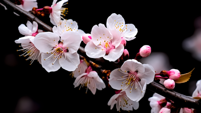 粉白色樱花在黑色背景上的精准艺术摄影图