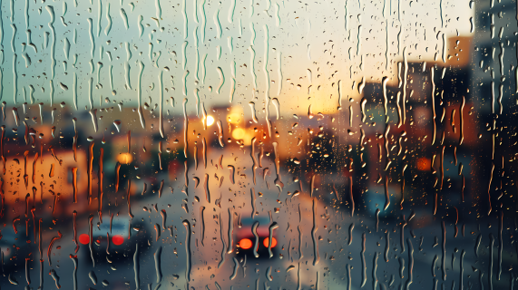 雨滴落在窗户和城市景观上的摄影图