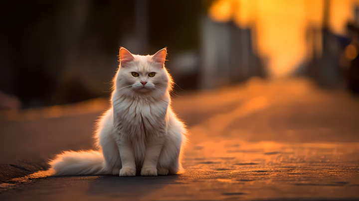白色猫咪坐在路上的摄影图版权图片下载