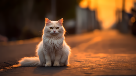 白色猫咪坐在路上的摄影图