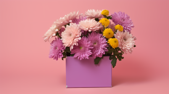 粉色盒子中的菊花摄影图