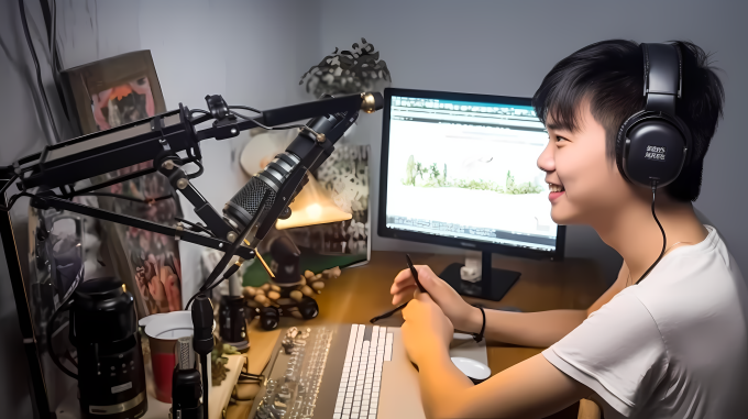 亚洲华人电脑前直播摄影图