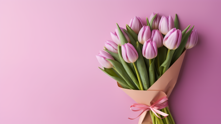 粉色包装的小巧玲珑郁金香花束摄影图