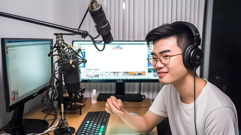 亚洲华人电脑前直播摄影图片