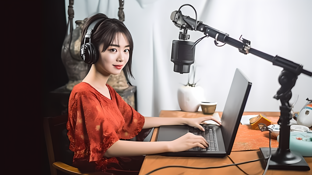 漂亮女主播电脑前摄影图片