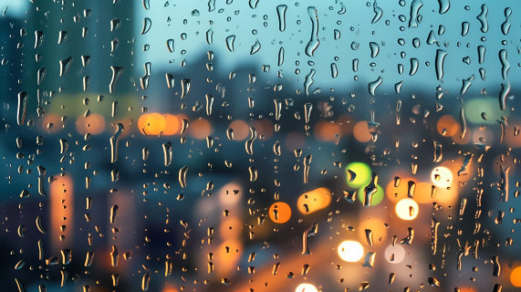 雨滴落在窗户和城市景观上的摄影图
