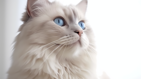 一只白色毛茸茸、蓝眼睛的猫咪摄影图