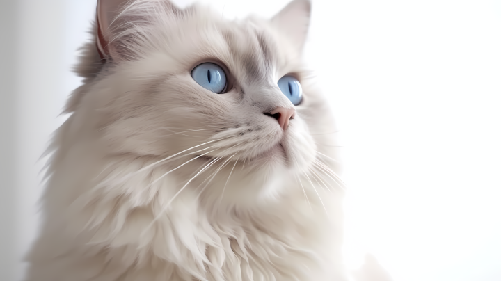 一只白色毛茸茸、蓝眼睛的猫咪摄影图版权图片下载