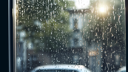 银白色雨水落在窗户上的摄影图