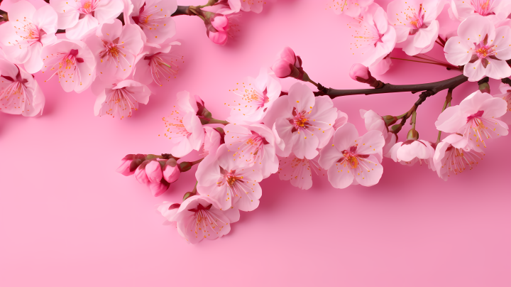粉色花瓣在粉色背景上散落摄影图版权图片下载