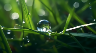 草地叶子上承载的雨滴摄影图