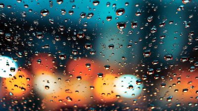 城市夜景下汽车挡风玻璃上的雨滴摄影图