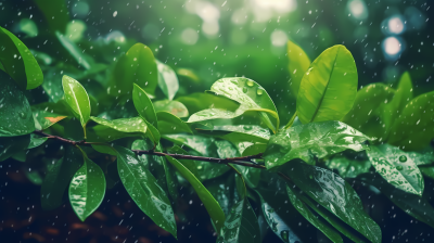 绿叶间的雨滴摄影图