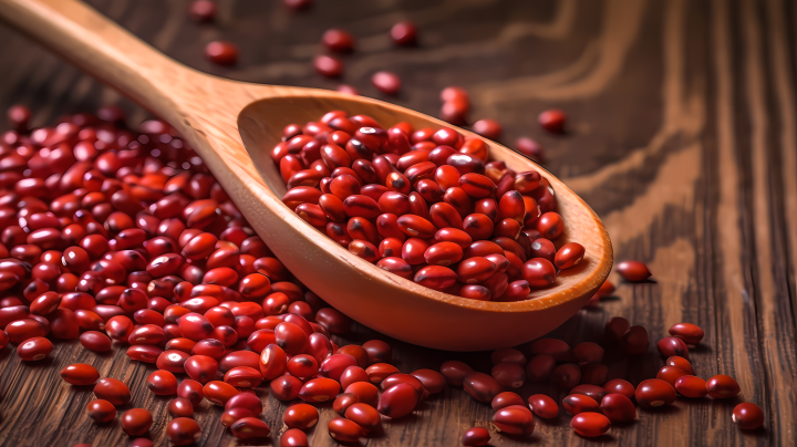 木勺上的健康红豆食材摄影图版权图片下载