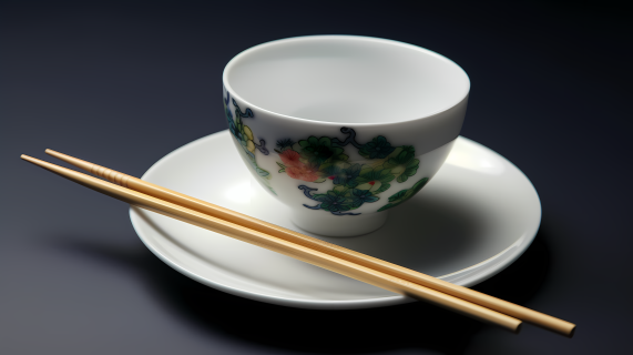 白桌上的茶杯、筷子和茶碟摄影图