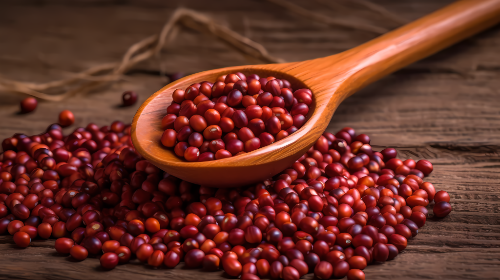 红色种子木勺拍摄图版权图片下载