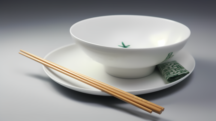 白桌上的茶杯、筷子和茶碟摄影图版权图片下载