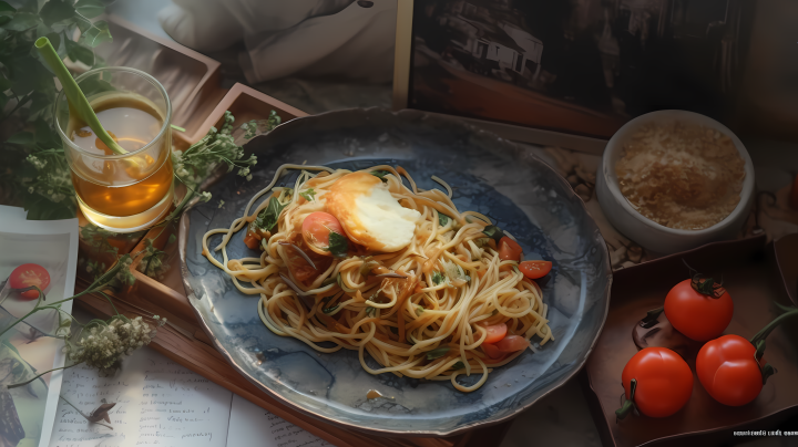 简约典雅风格的意大利手工面和鱼肉摆盘摄影图版权图片下载