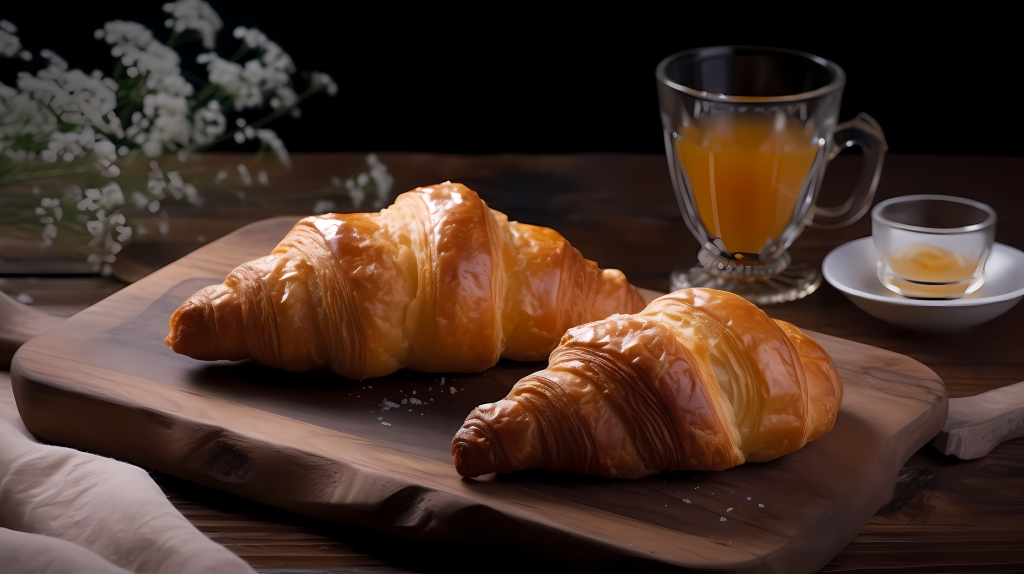 盘中羊角面包与花苞和旁边的果汁高清图版权图片下载