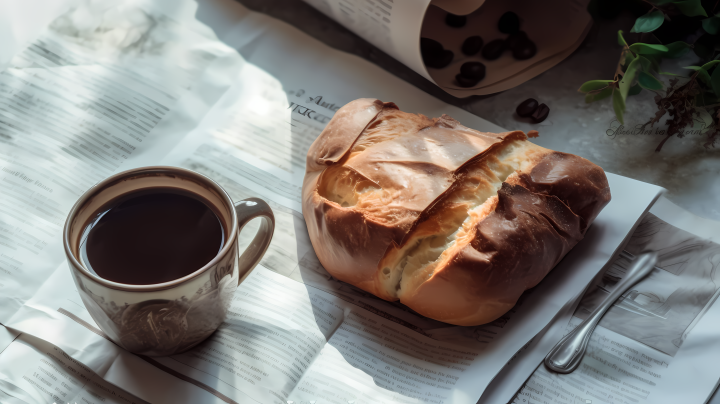咖啡面包与杂志的桌面摄影图版权图片下载