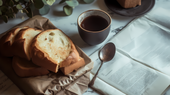 美式咖啡面包与杂志摄影图