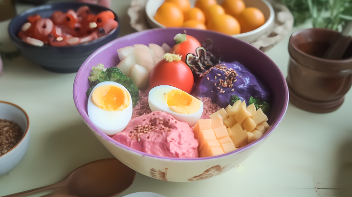 彩色蔬果鸡蛋碗轻红紫风格的摄影版权图片下载