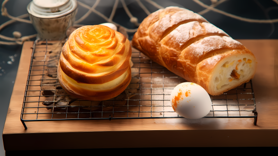 新鲜烤面包和蛋的摄影图片