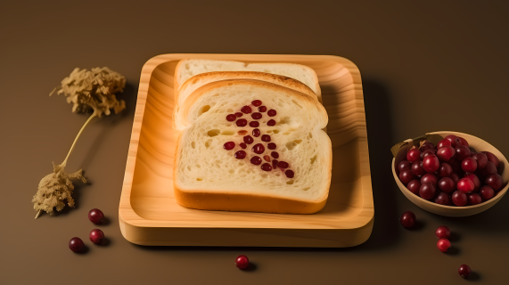 木板上的红豆面包和水果摄影图